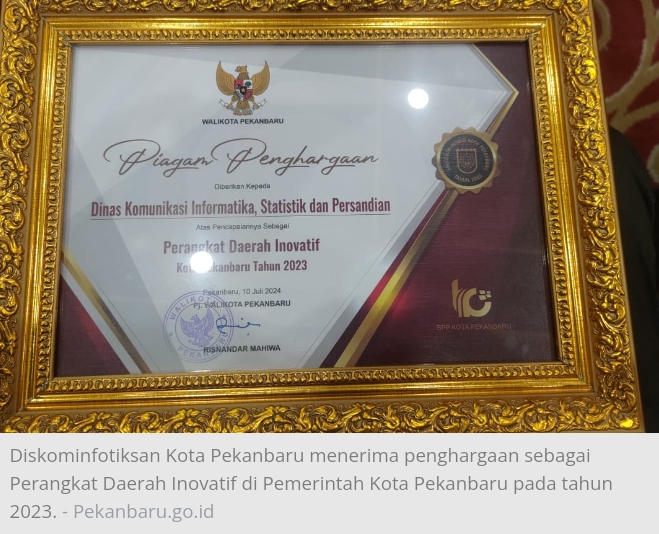 Diskominfotiksan Pekanbaru menerima penghargaan sebagai Perangkat Daerah Inovatif di Tahun 2023, Pj Wako Ucapkan Terimakasih